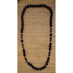 Black Onyx 32” Long Necklace Knotted Bead Mixed 10MM Round and 20MM See Pictures